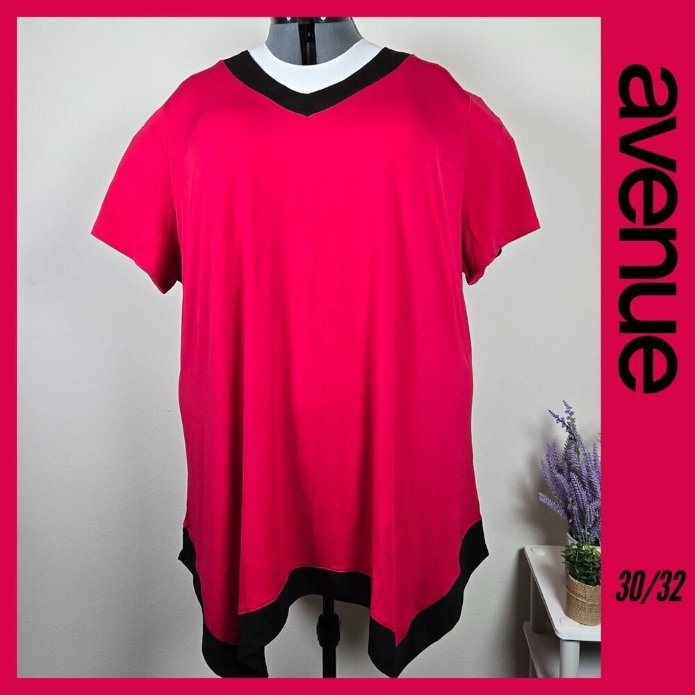 Avenue Studio Red and Black Tunic Top with Handkerchief Hem Size 30/32
